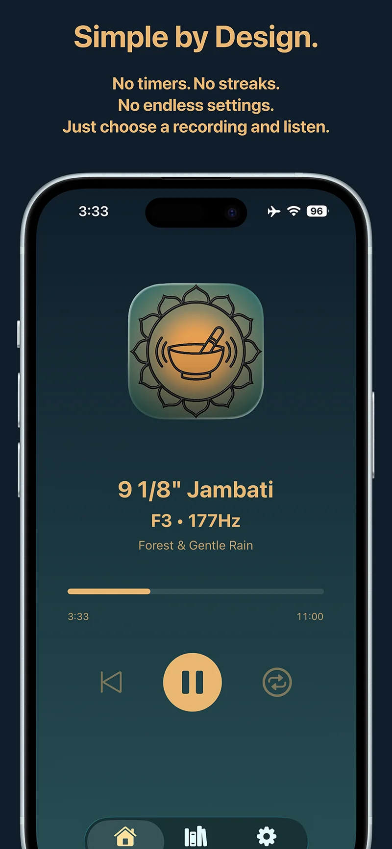 Sym Bowls iPhone app playback screen featuring a simple distraction free interface for Himalayan singing bowl meditation.