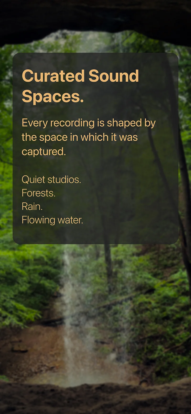 Forest waterfall recording location illustrating the natural environments used to create immersive Himalayan singing bowl meditation recordings.